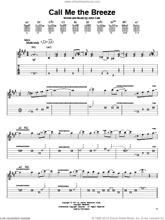 Call Me The Breeze sheet music for guitar solo (easy tablature) by Lynyrd Skynyrd and John Cale, easy guitar (easy tablature)