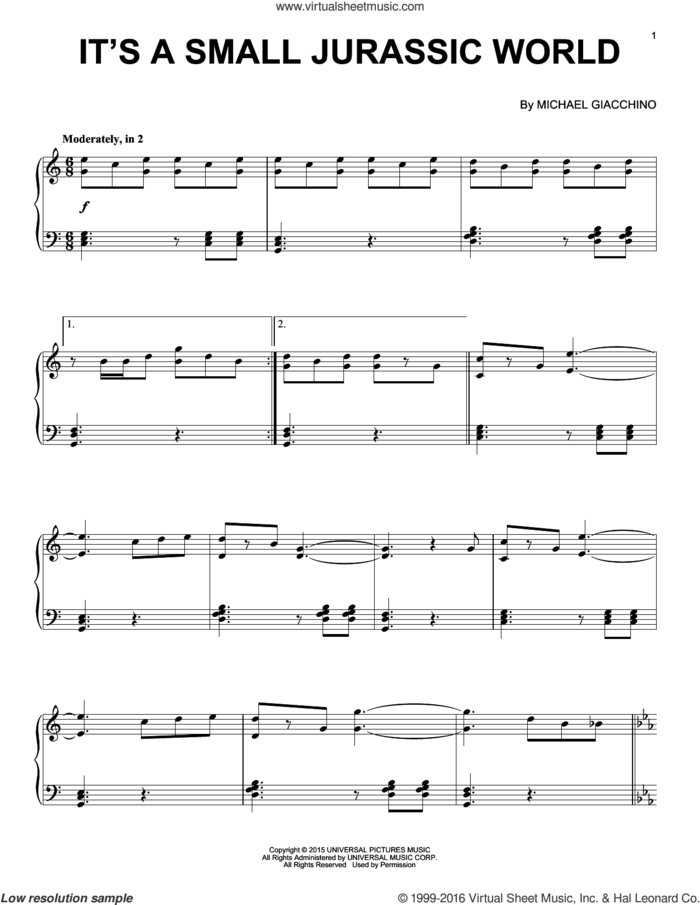 It's A Small Jurassic World from Jurassic World sheet music for piano solo by Michael Giacchino, classical score, intermediate skill level