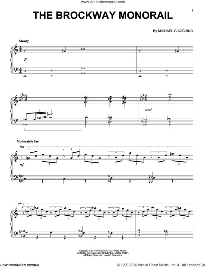 The Brockway Monorail from Jurassic World sheet music for piano solo by Michael Giacchino, classical score, intermediate skill level