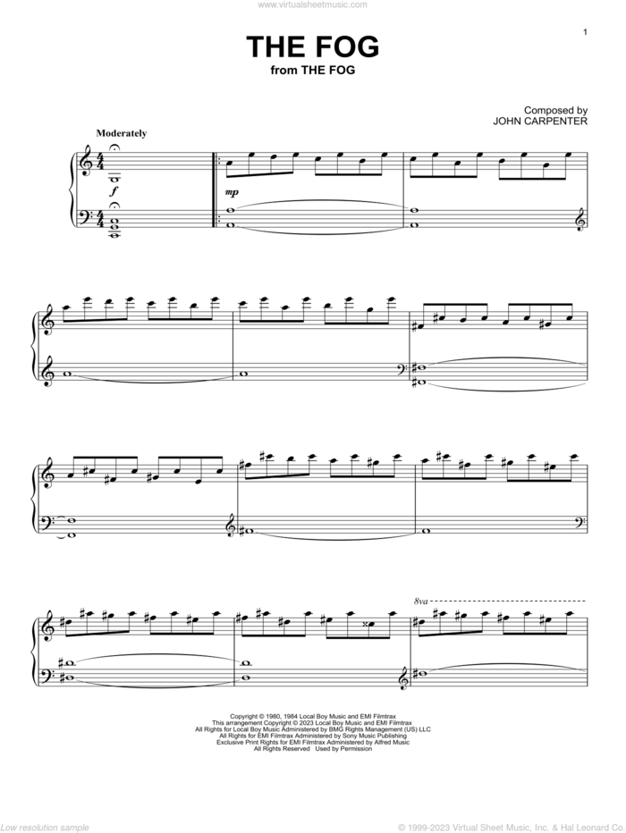 The Fog sheet music for piano solo by John Carpenter, intermediate skill level