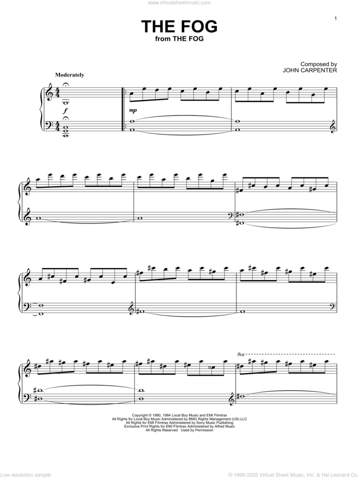 The Fog sheet music for piano solo by John Carpenter, intermediate skill level