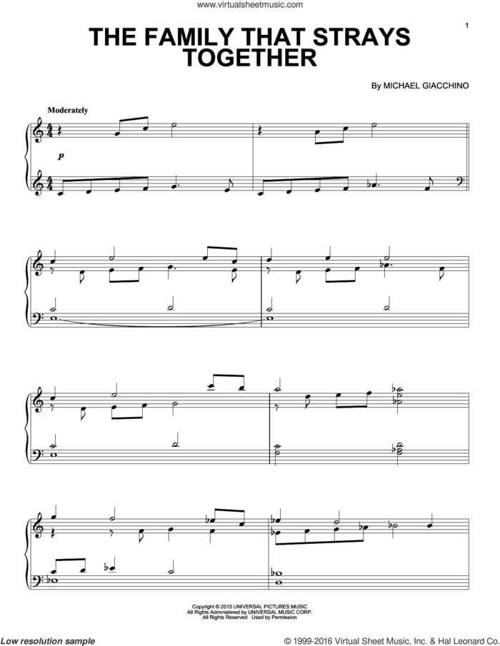 The Family That Strays Together from Jurassic World sheet music for piano solo by Michael Giacchino, classical score, intermediate skill level
