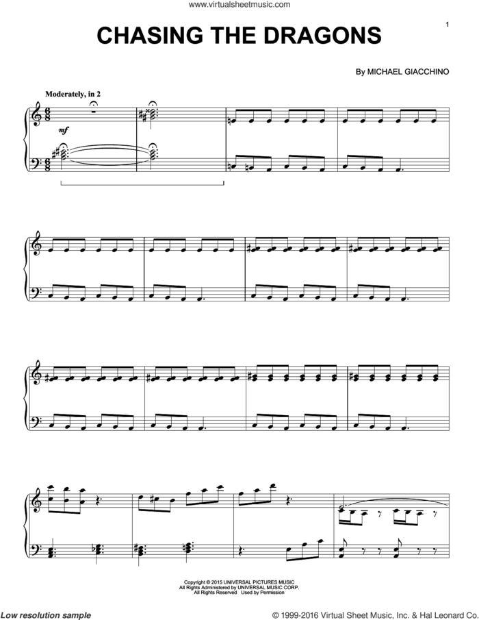 Chasing The Dragons from Jurassic World sheet music for piano solo by Michael Giacchino, classical score, intermediate skill level