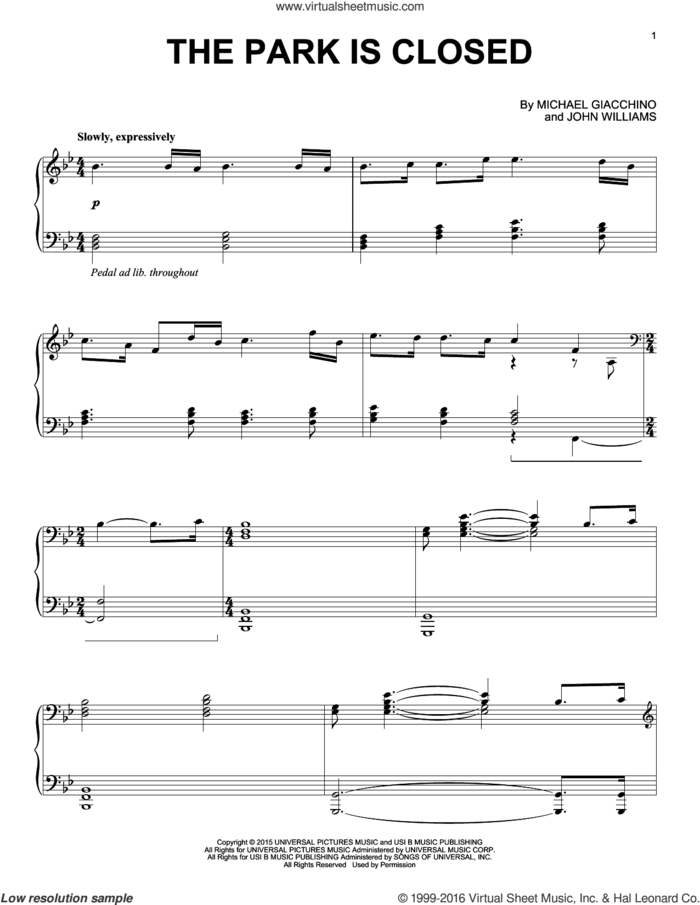 The Park Is Closed from Jurassic World sheet music for piano solo by John Williams and Michael Giacchino, classical score, intermediate skill level