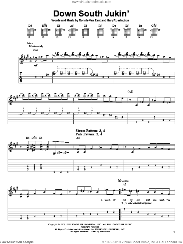Down South Jukin' sheet music for guitar solo (easy tablature) by Lynyrd Skynyrd, Gary Rossington and Ronnie Van Zant, easy guitar (easy tablature)