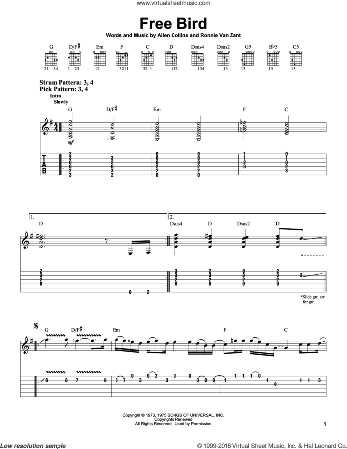 Free Bird sheet music for guitar solo (easy tablature) by Lynyrd Skynyrd, Allen Collins and Ronnie Van Zant, easy guitar (easy tablature)