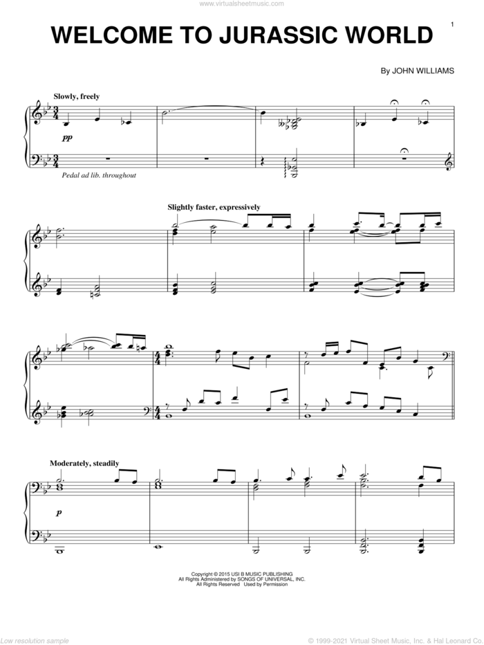 Welcome To Jurassic World from Jurassic World sheet music for piano solo by John Williams and Michael Giacchino, classical score, intermediate skill level