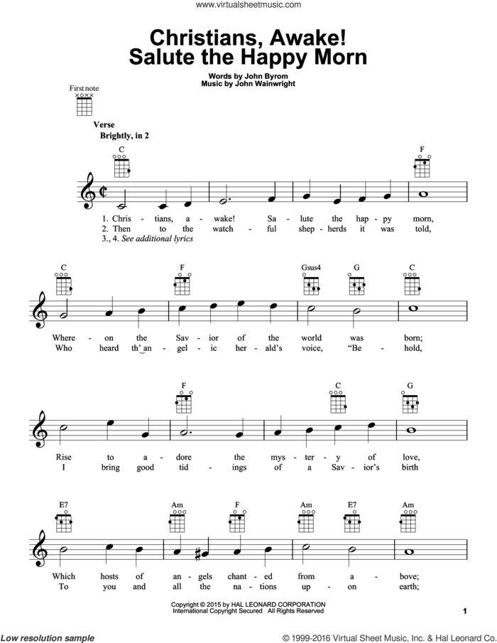 Christians, Awake! Salute The Happy Morn sheet music for ukulele by John Byrom and John Wainwright, intermediate skill level