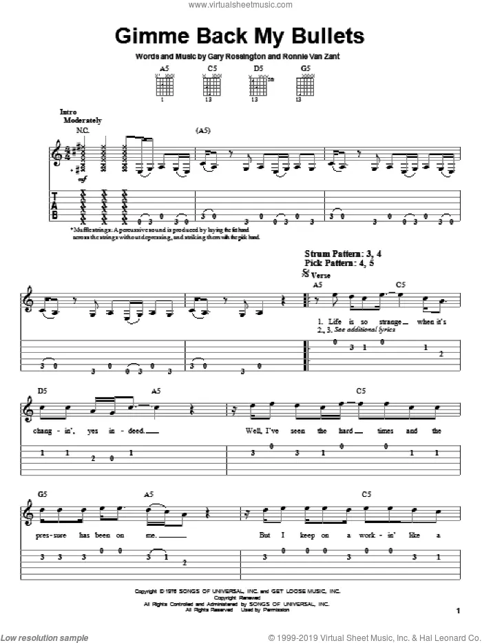 Gimme Back My Bullets sheet music for guitar solo (easy tablature) by Lynyrd Skynyrd, Ronnie Van Zant and Gary Rossington, easy guitar (easy tablature)