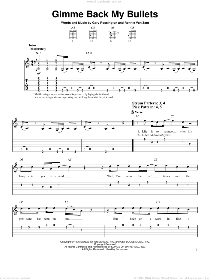 Gimme Back My Bullets sheet music for guitar solo (easy tablature) by Lynyrd Skynyrd, Ronnie Van Zant and Gary Rossington, easy guitar (easy tablature)