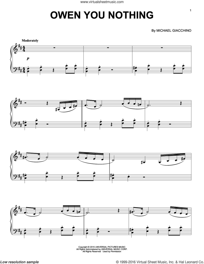 Owen You Nothing from Jurassic World sheet music for piano solo by Michael Giacchino, classical score, intermediate skill level