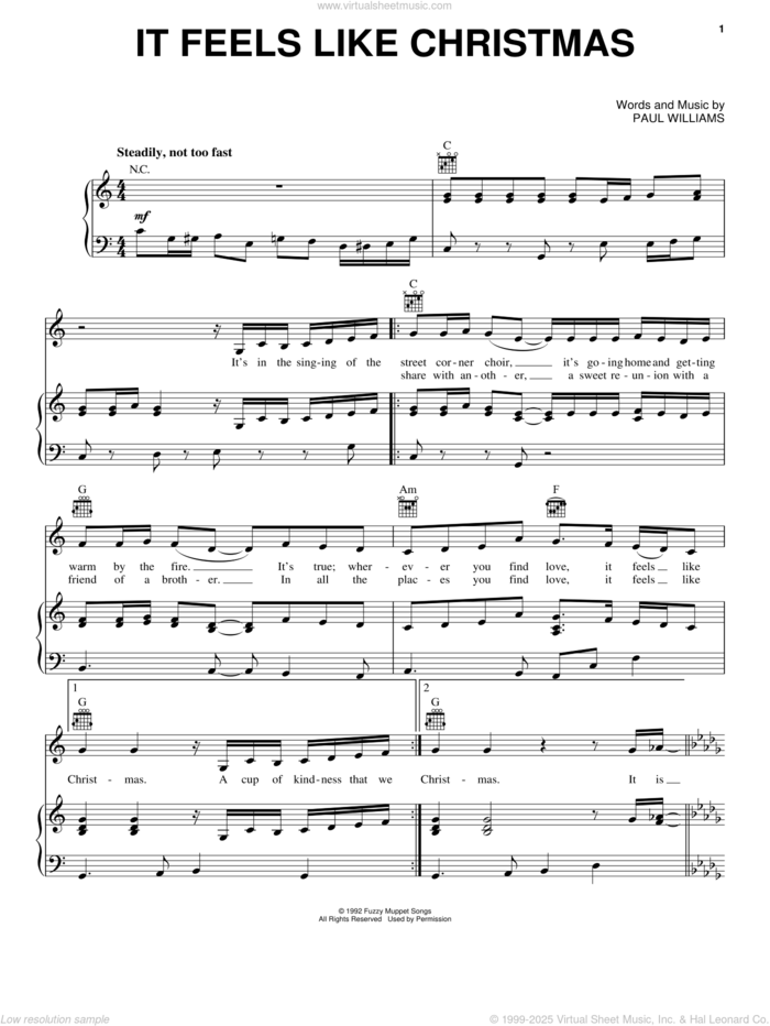 It Feels Like Christmas (from The Muppet Christmas Carol) sheet music for voice, piano or guitar by Paul Williams, intermediate skill level