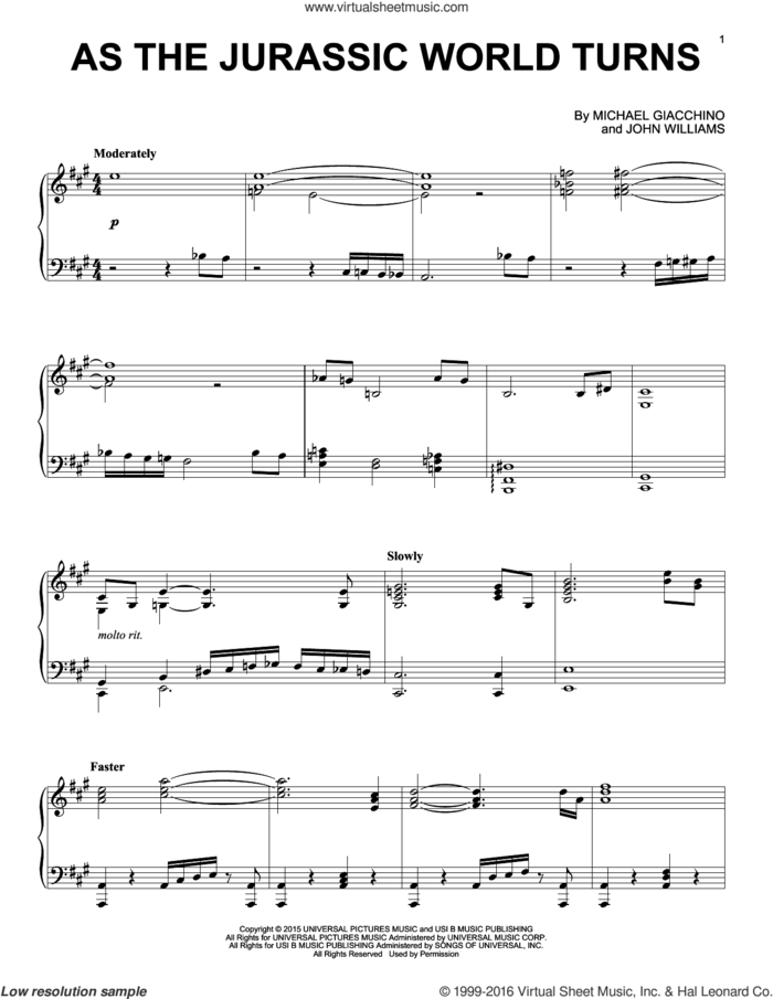 As The Jurassic World Turns from Jurassic World sheet music for piano solo by John Williams and Michael Giacchino, classical score, intermediate skill level