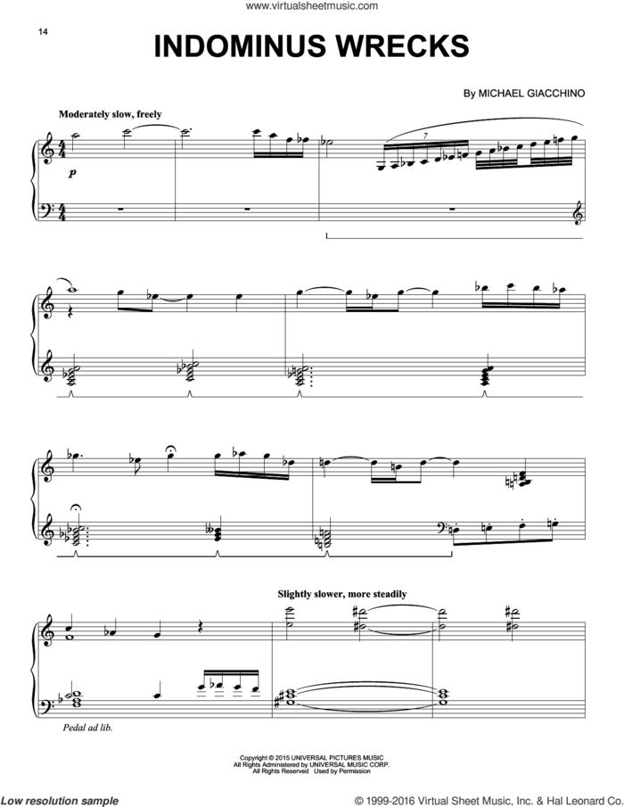 Indominus Wrecks from Jurassic World sheet music for piano solo by Michael Giacchino, classical score, intermediate skill level