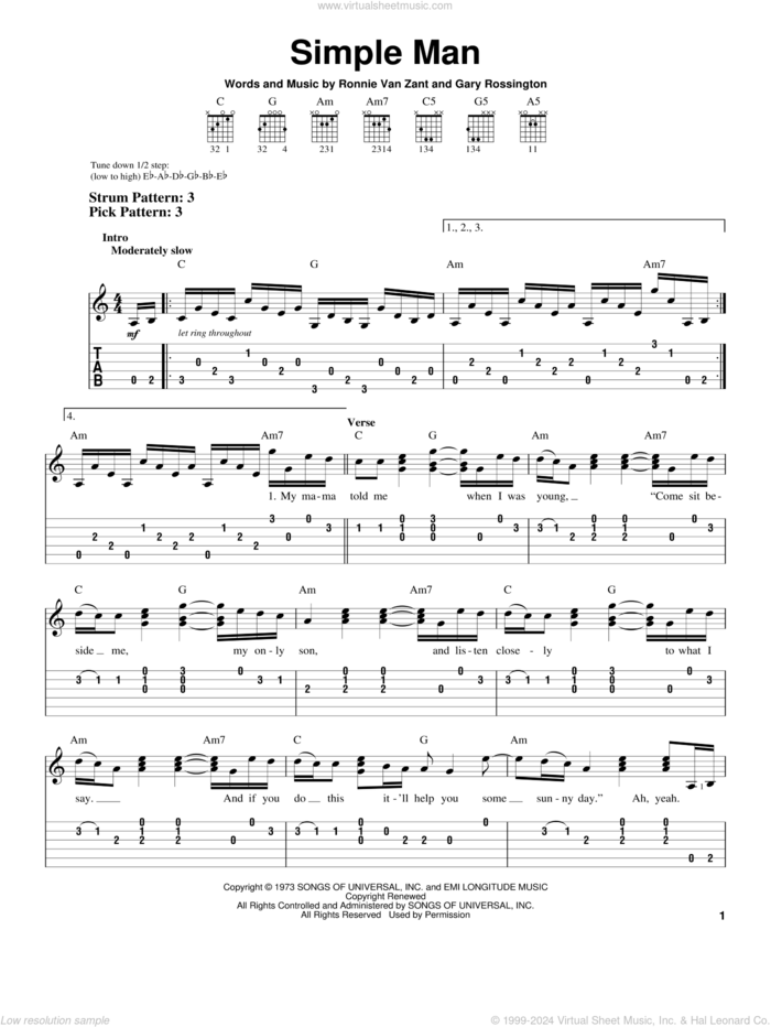 Simple Man sheet music for guitar solo (easy tablature) by Lynyrd Skynyrd, Shinedown, Gary Rossington and Ronnie Van Zant, easy guitar (easy tablature)