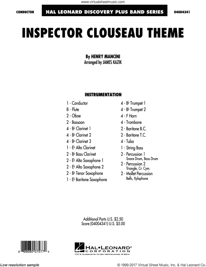 Inspector Clouseau Theme (from The Pink Panther Strikes Again) (COMPLETE) sheet music for concert band by Henry Mancini and James Kazik, intermediate skill level