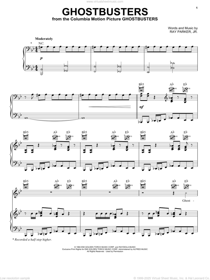 Ghostbusters sheet music for voice, piano or guitar by Ray Parker Jr., intermediate skill level