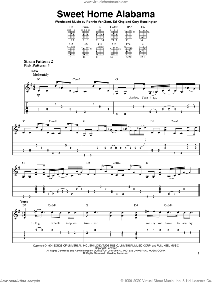 Sweet Home Alabama sheet music for guitar solo (easy tablature) by Lynyrd Skynyrd, Edward King, Gary Rossington and Ronnie Van Zant, easy guitar (easy tablature)