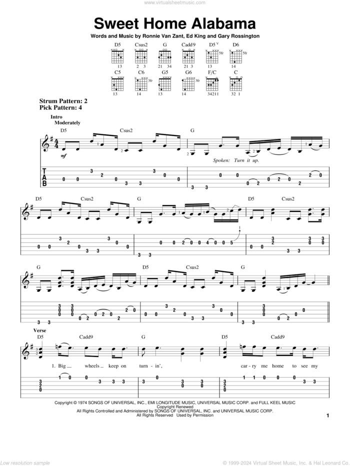 Sweet Home Alabama sheet music for guitar solo (easy tablature) by Lynyrd Skynyrd, Edward King, Gary Rossington and Ronnie Van Zant, easy guitar (easy tablature)