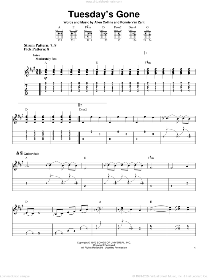 Tuesday's Gone sheet music for guitar solo (easy tablature) by Lynyrd Skynyrd, Allen Collins and Ronnie Van Zant, easy guitar (easy tablature)