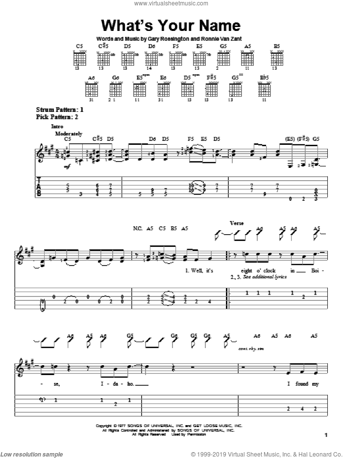 What's Your Name sheet music for guitar solo (easy tablature) by Lynyrd Skynyrd, Gary Rossington and Ronnie Van Zant, easy guitar (easy tablature)