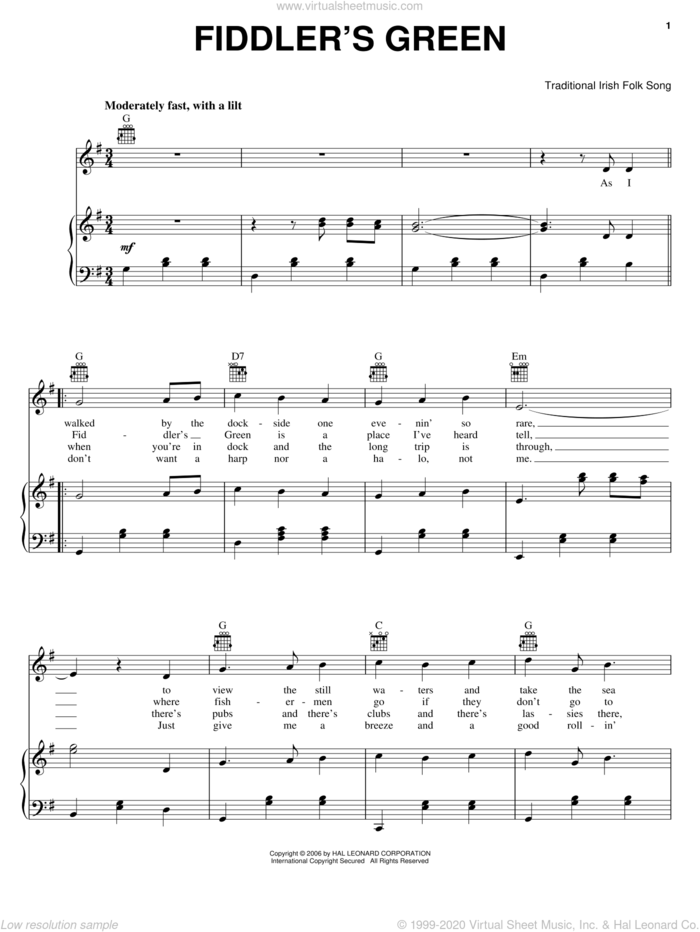 Fiddler's Green sheet music for voice, piano or guitar, intermediate skill level
