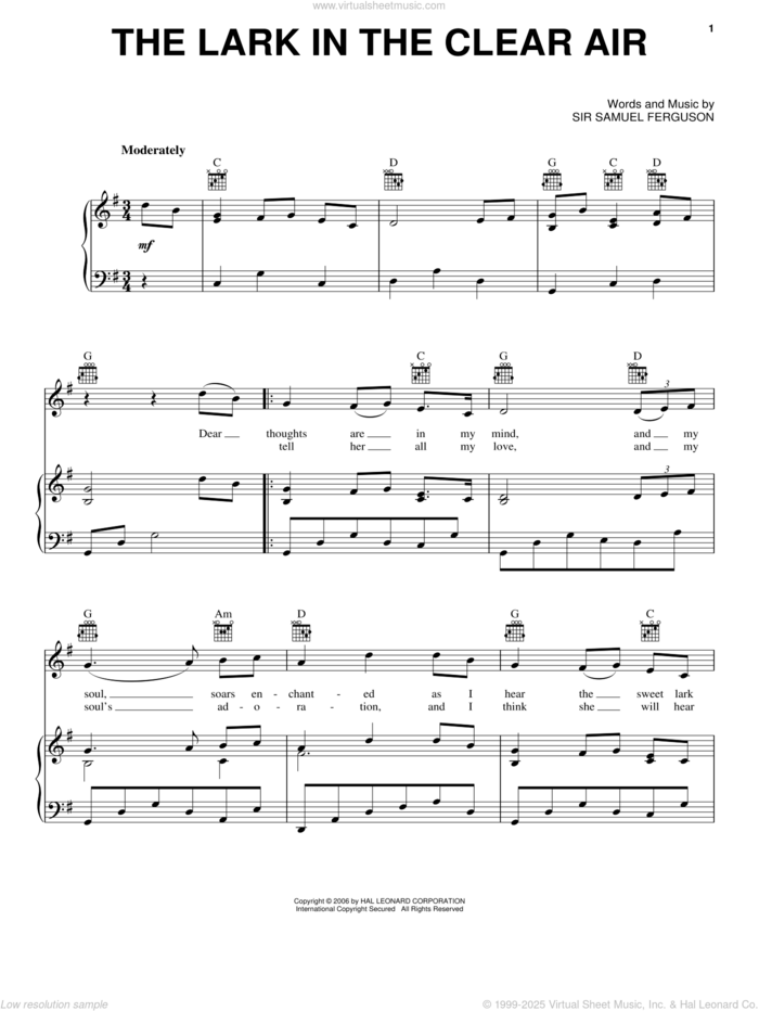 The Lark In The Clear Air sheet music for voice, piano or guitar by Sir Samuel Ferguson, intermediate skill level