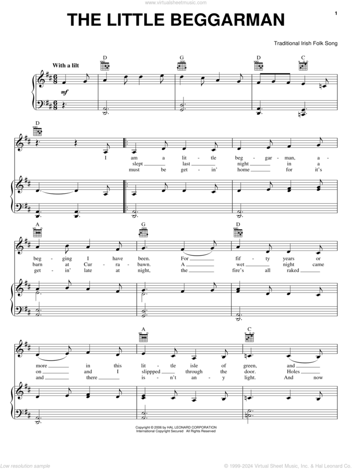 The Little Beggarman sheet music for voice, piano or guitar, intermediate skill level