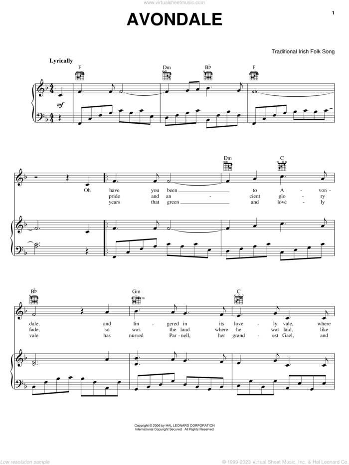Avondale sheet music for voice, piano or guitar, intermediate skill level