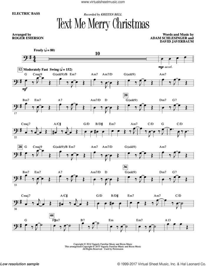 Text Me Merry Christmas sheet music for orchestra/band (bass) by Kristen Bell, Roger Emerson, Adam Schlesinger and David Javerbaum, intermediate skill level