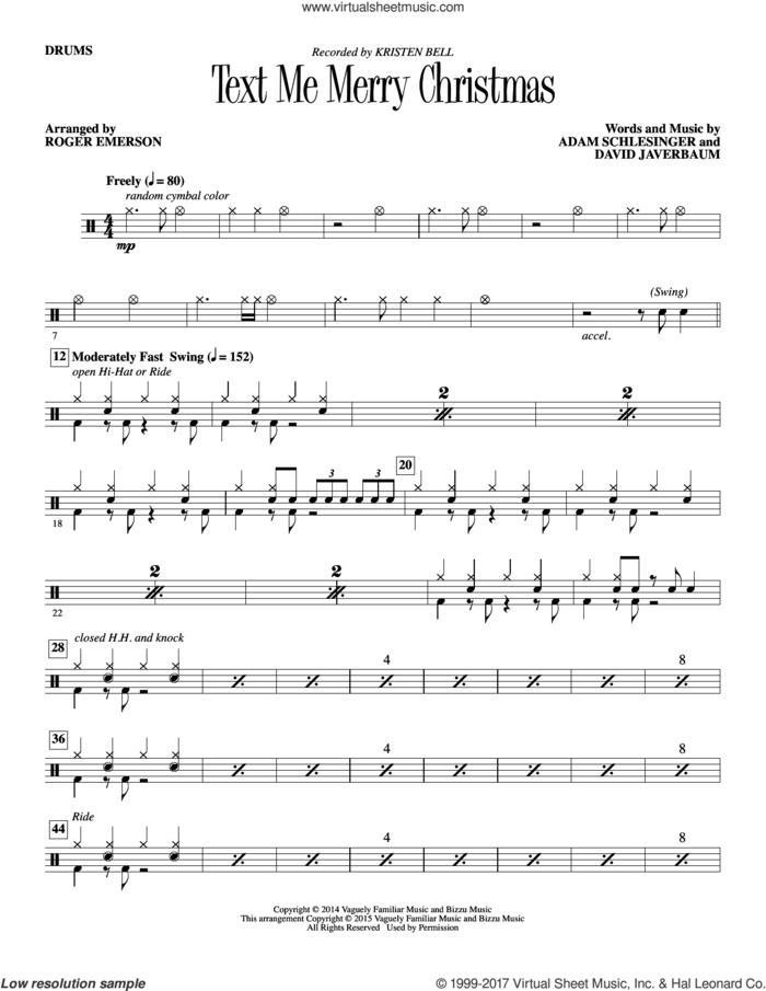 Text Me Merry Christmas sheet music for orchestra/band (drum set) by Kristen Bell, Roger Emerson, Adam Schlesinger and David Javerbaum, intermediate skill level