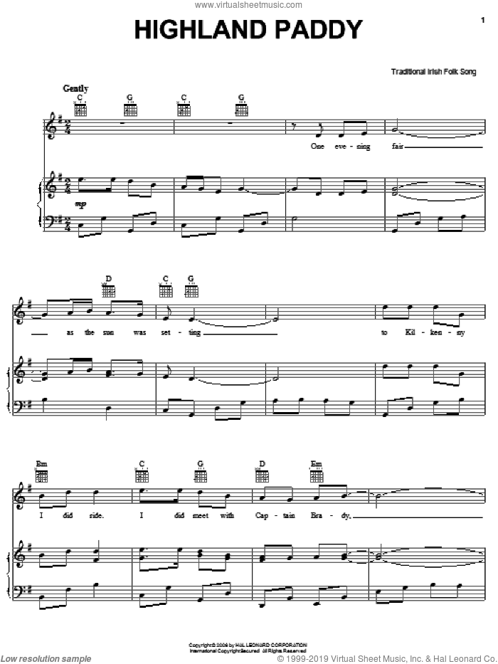 Highland Paddy sheet music for voice, piano or guitar, intermediate skill level