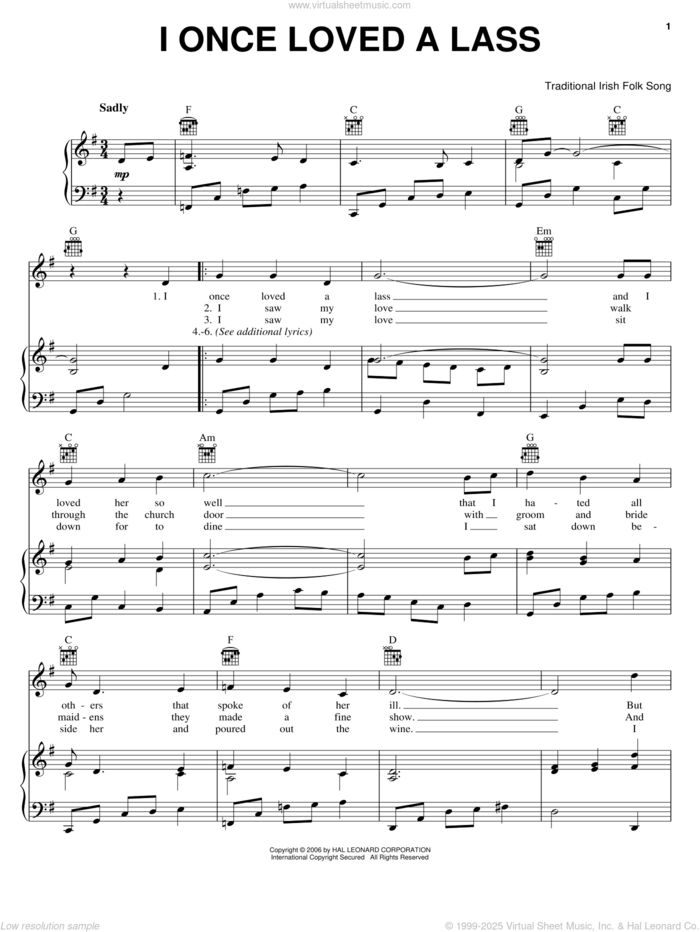 I Once Loved A Lass sheet music for voice, piano or guitar, intermediate skill level