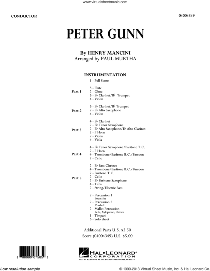 Peter Gunn (COMPLETE) sheet music for concert band by Paul Murtha and Henry Mancini, intermediate skill level