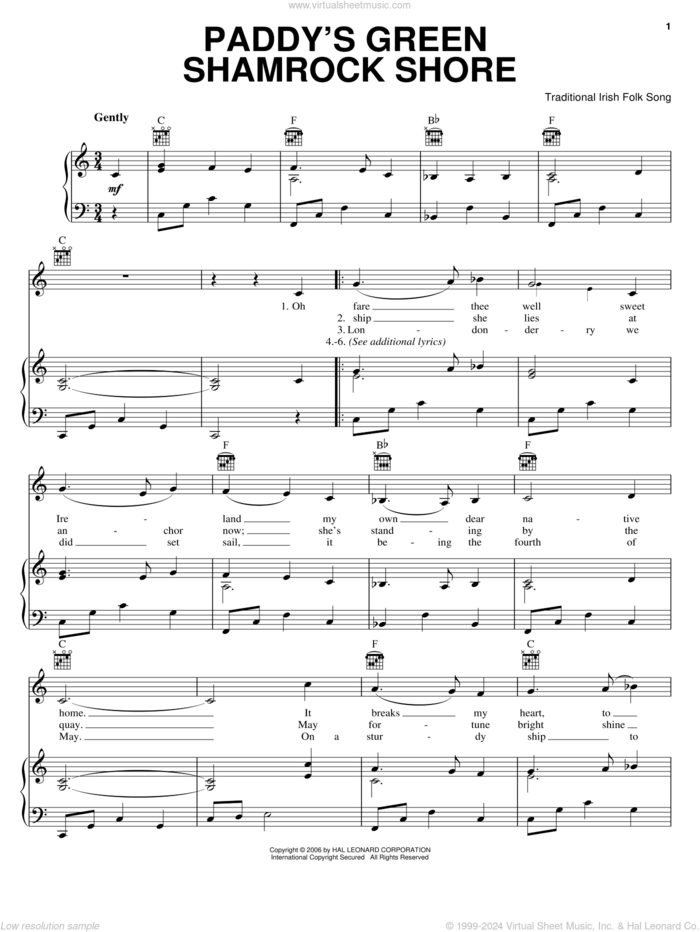 Paddy's Green Shamrock Shore sheet music for voice, piano or guitar, intermediate skill level
