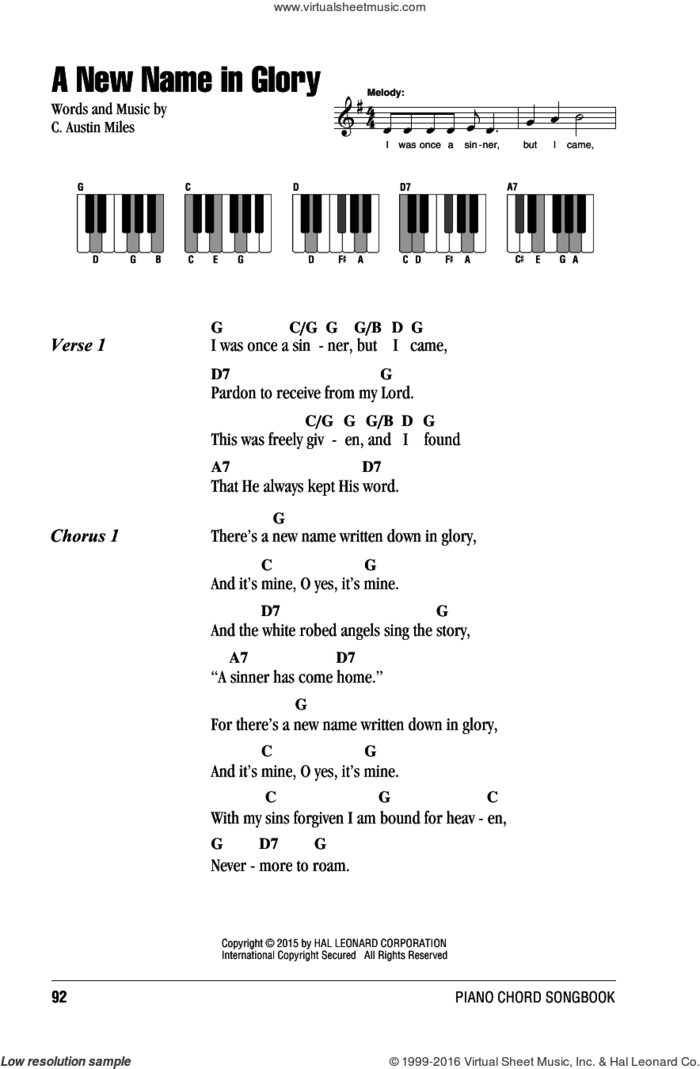 A New Name In Glory sheet music for piano solo (chords, lyrics, melody) by C. Austin Miles, intermediate piano (chords, lyrics, melody)