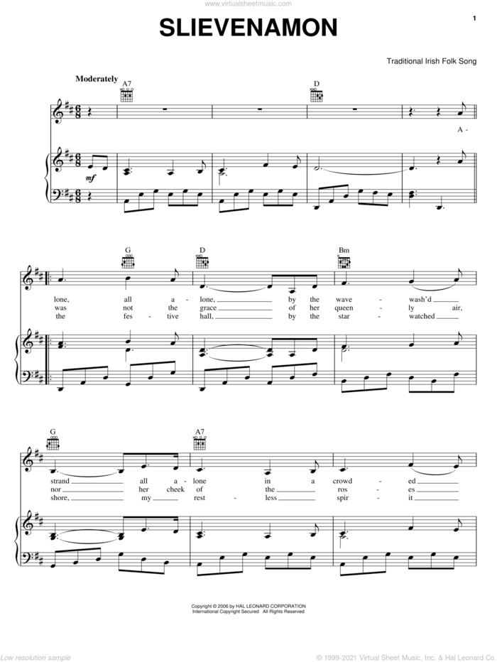 Slievenamon sheet music for voice, piano or guitar, intermediate skill level