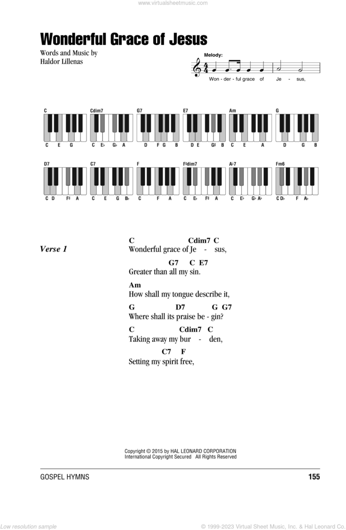Wonderful Grace Of Jesus sheet music for piano solo (chords, lyrics, melody) by Haldor Lillenas, intermediate piano (chords, lyrics, melody)