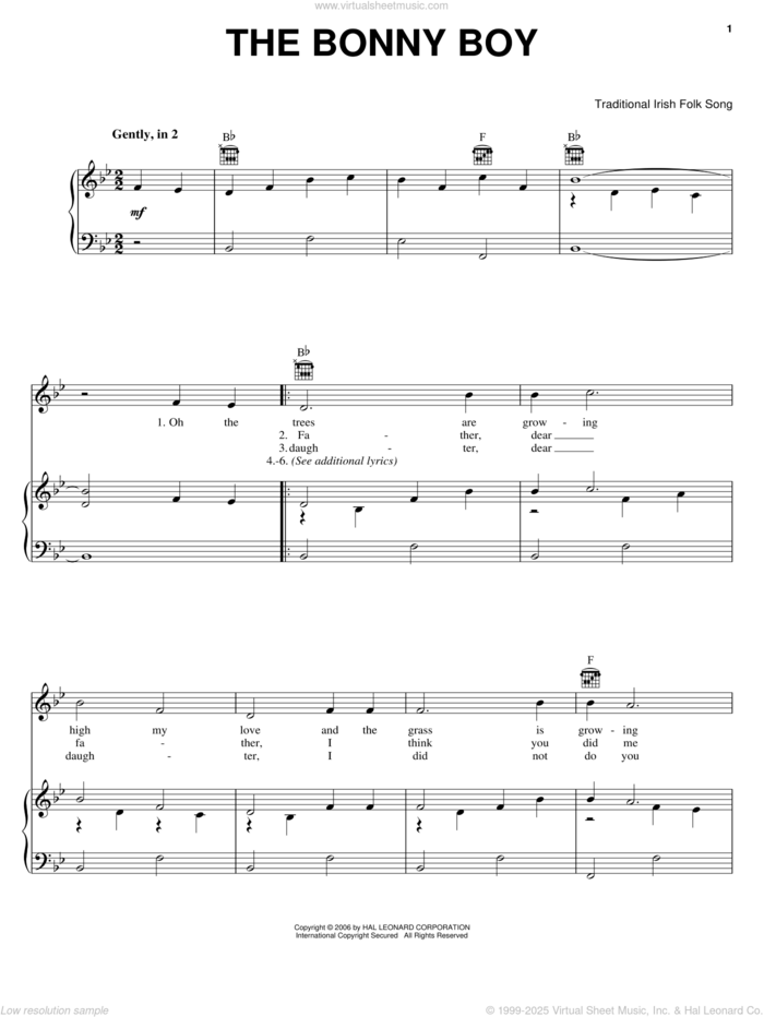 The Bonny Boy sheet music for voice, piano or guitar, intermediate skill level