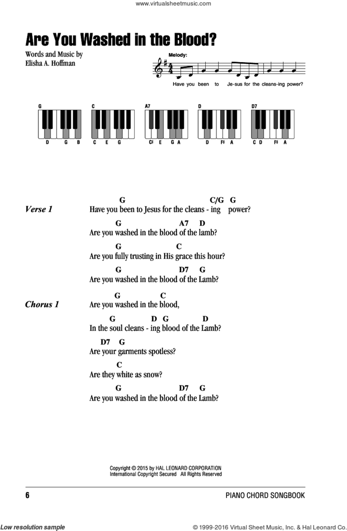 Are You Washed In The Blood? sheet music for piano solo (chords, lyrics, melody) by Elisha A. Hoffman, intermediate piano (chords, lyrics, melody)
