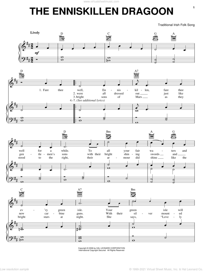 The Enniskillen Dragoon sheet music for voice, piano or guitar, intermediate skill level