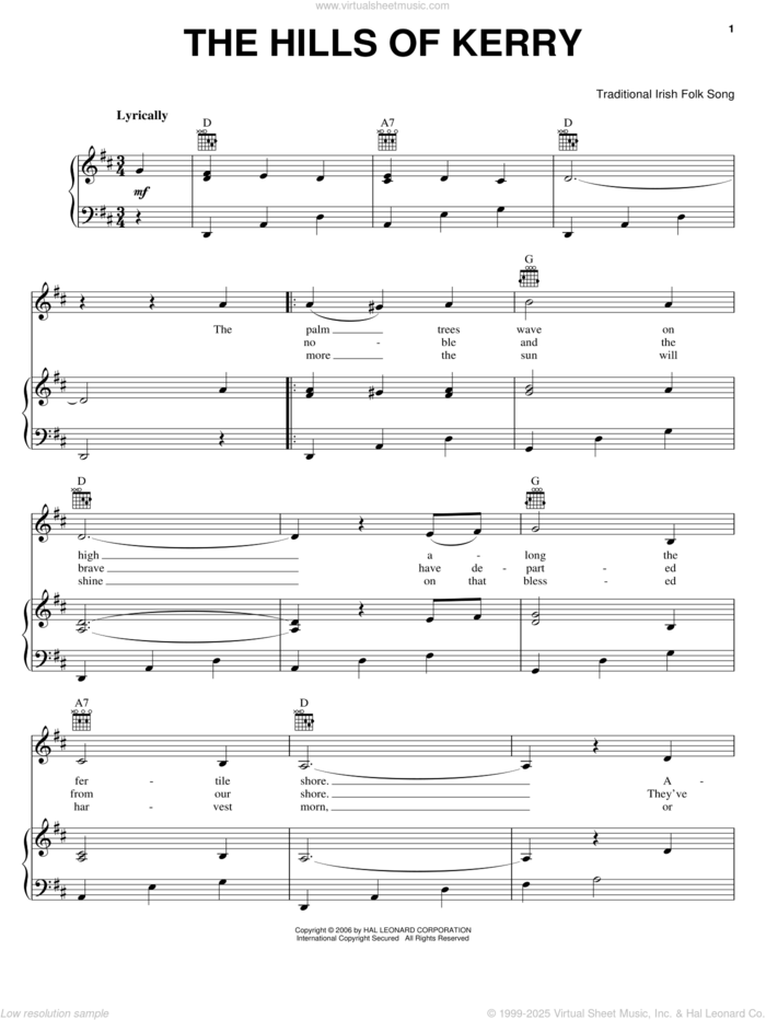 The Hills Of Kerry sheet music for voice, piano or guitar, intermediate skill level