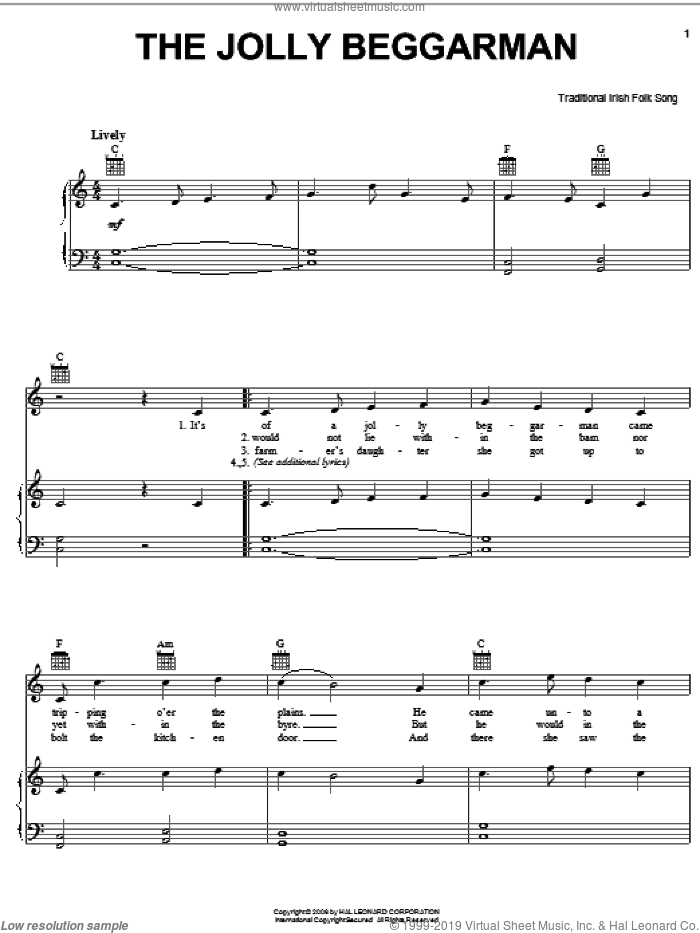 The Jolly Beggarman sheet music for voice, piano or guitar, intermediate skill level