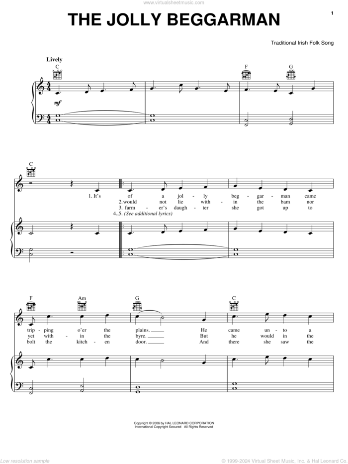The Jolly Beggarman sheet music for voice, piano or guitar, intermediate skill level