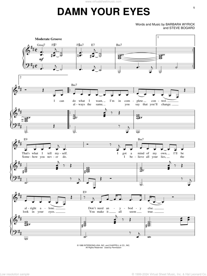 Damn Your Eyes sheet music for voice and piano by Etta James, Barbara Wyrick and Steve Bogard, intermediate skill level