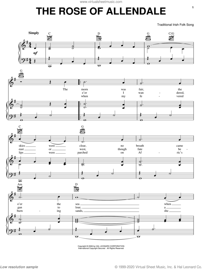 The Rose Of Allendale sheet music for voice, piano or guitar, intermediate skill level