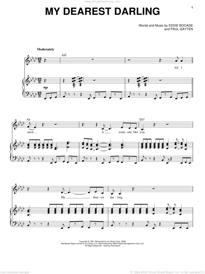 My Dearest Darling sheet music for voice and piano by Etta James, Eddie Bocage and Paul Gayten, intermediate skill level
