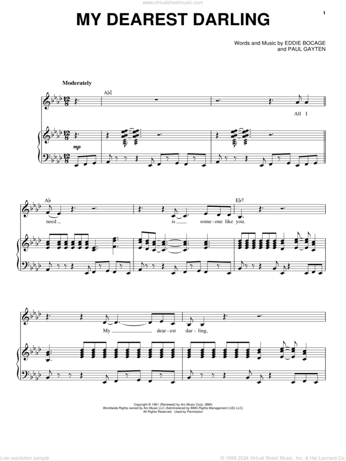 My Dearest Darling sheet music for voice and piano by Etta James, Eddie Bocage and Paul Gayten, intermediate skill level