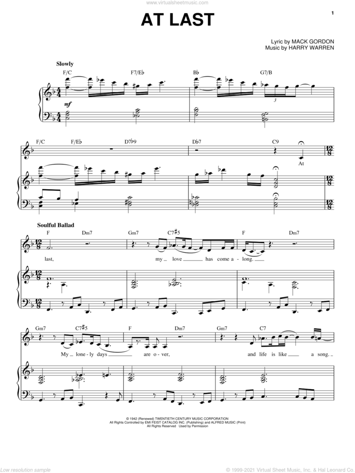 At Last sheet music for voice and piano by Etta James, Celine Dion, Harry Warren and Mack Gordon, intermediate skill level