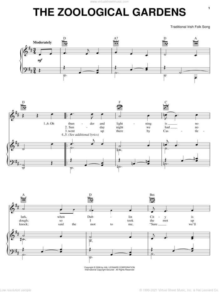 The Zoological Gardens sheet music for voice, piano or guitar, intermediate skill level